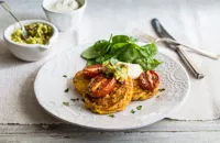 Sweetcorn fritters with slow roasted tomatoes and smashed avocado