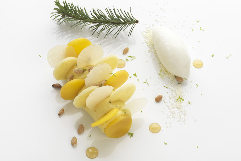Mango crème douglas-fir and yoghurt sorbet, white cookie dough
