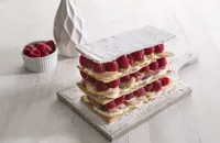 Mille-feuille of peach and raspberry with a citrus cream