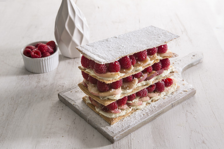 Mille-feuille of peach and raspberry with a citrus cream
