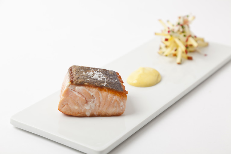 Seared salmon with apple and radish salad