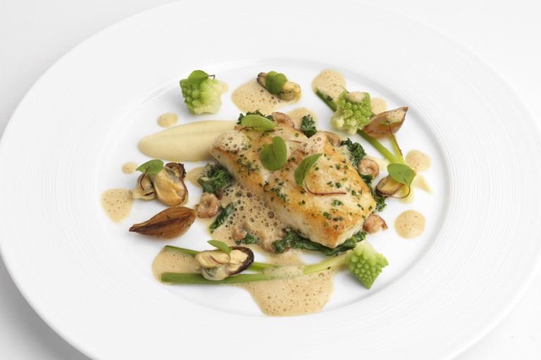 Seared turbot with celeriac, brown shrimp, mussels and shellfish velouté