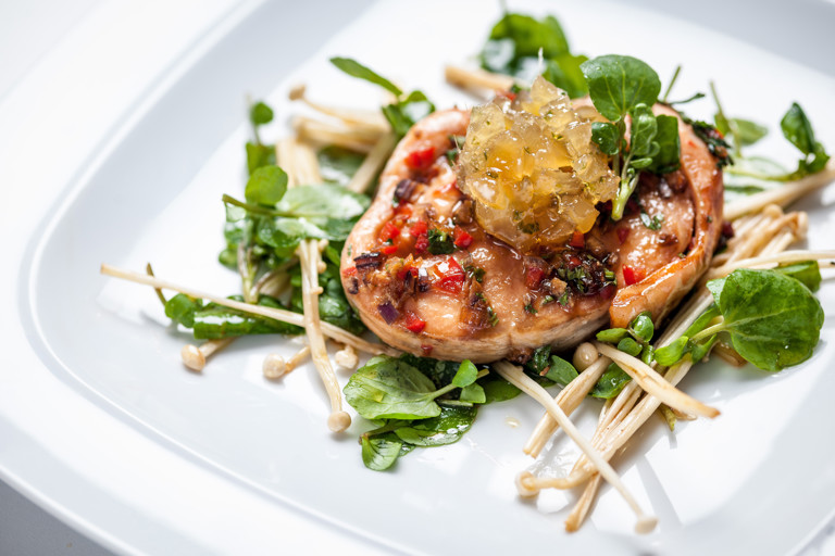 Baked soy salmon with enoki mushrooms, lemon soy vinaigrette and ginger jam