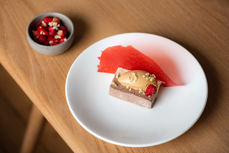 Burnt strawberry, elderflower and barley Neapolitan