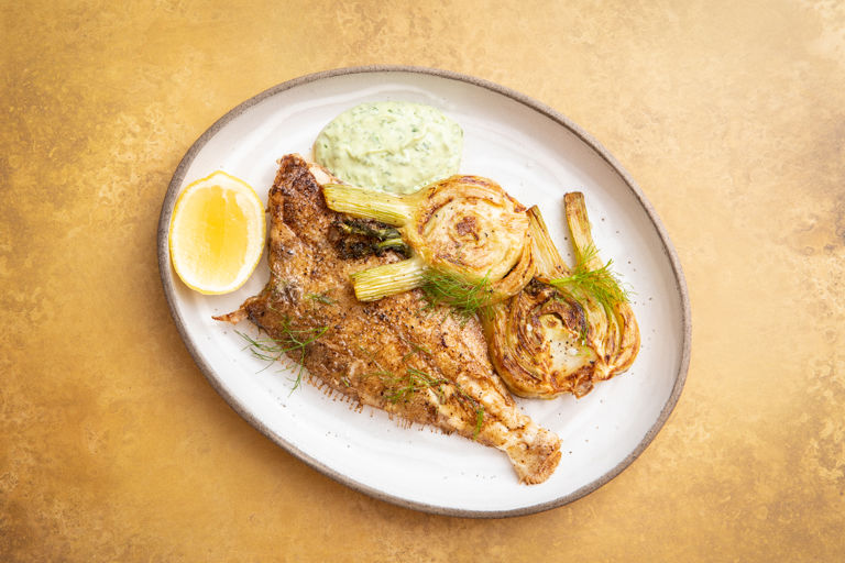 Fried megrim sole with fennel and mixed herb aioli