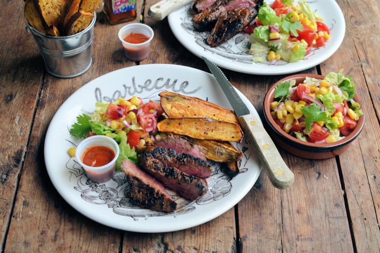 Brazilian beef with sweet potato wedges