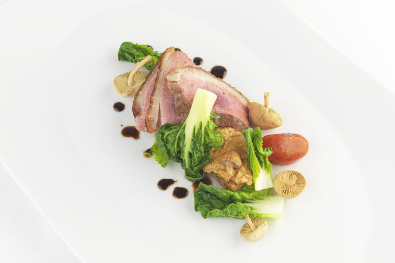Duck with peanut and tamarind flapjack
