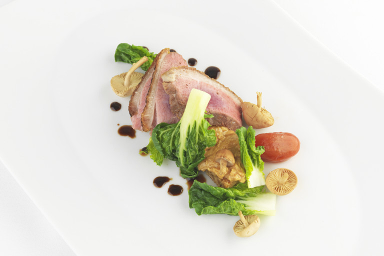 Duck with peanut and tamarind flapjack