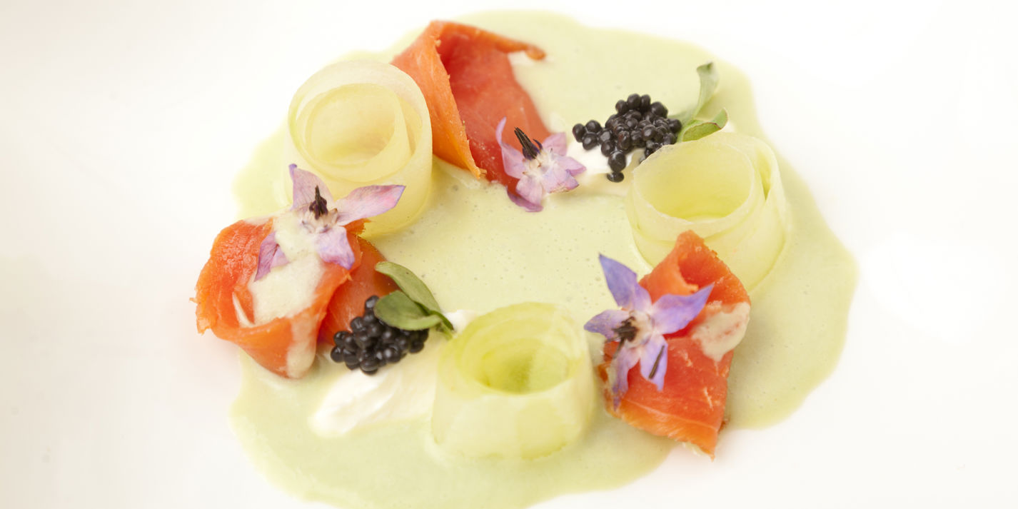 Home-smoked Alaska salmon with pickled cucumber, crème fraîche and English wasabi gazpacho