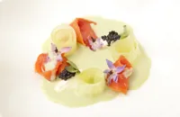 Home-smoked Alaska salmon with pickled cucumber, crème fraîche and English wasabi gazpacho