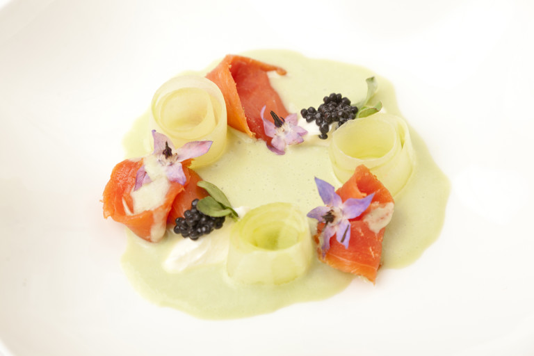Home-smoked Alaska salmon with pickled cucumber, crème fraîche and English wasabi gazpacho