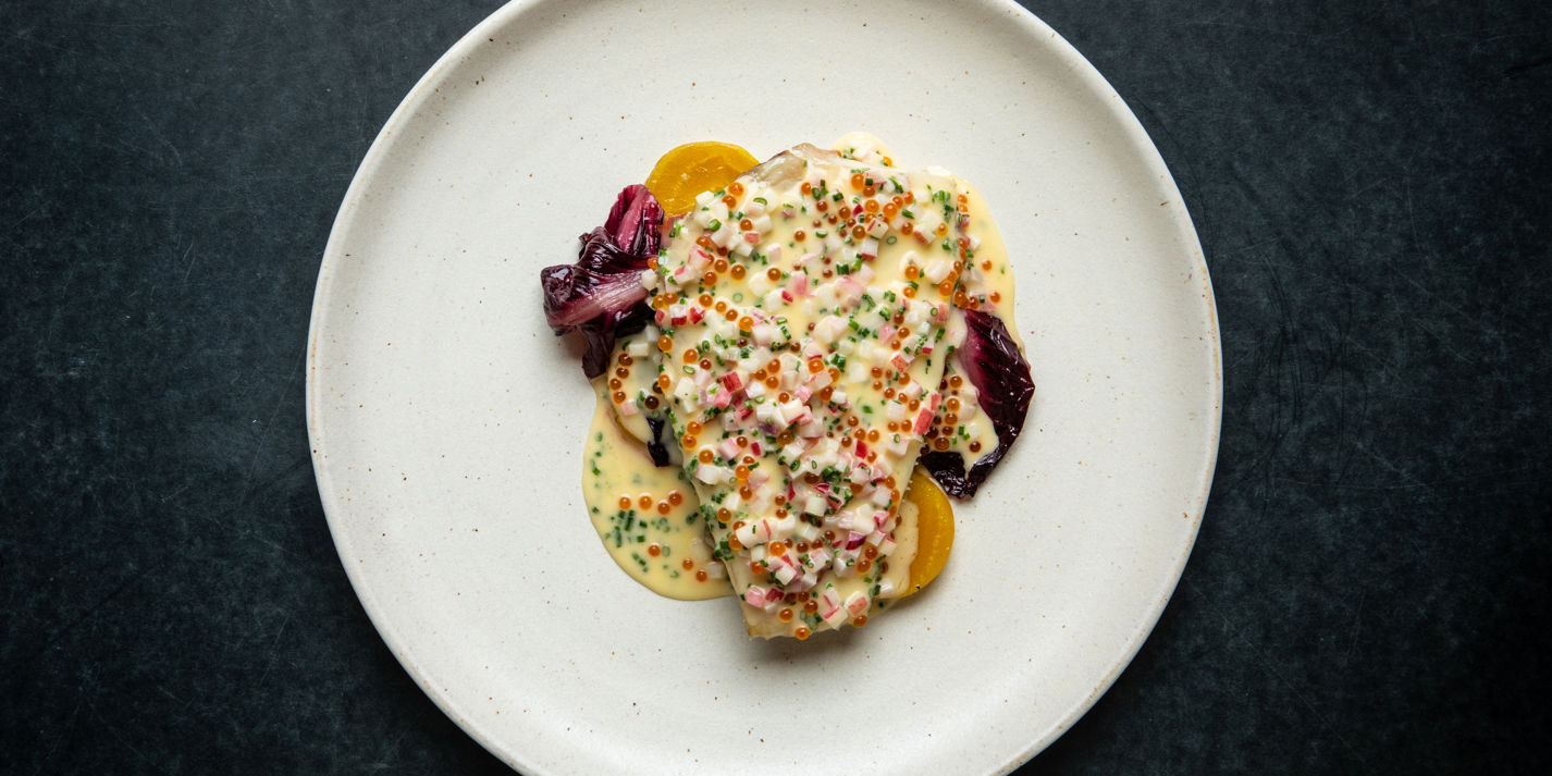Plaice with Cider Butter Sauce and Pickled Trout Roe Recipe - Great British Chefs