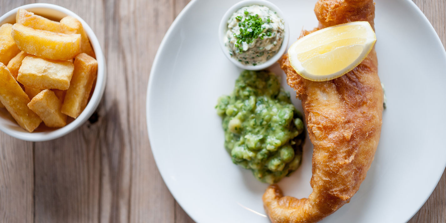 Beehive fish and chips, mushy peas, tartare sauce