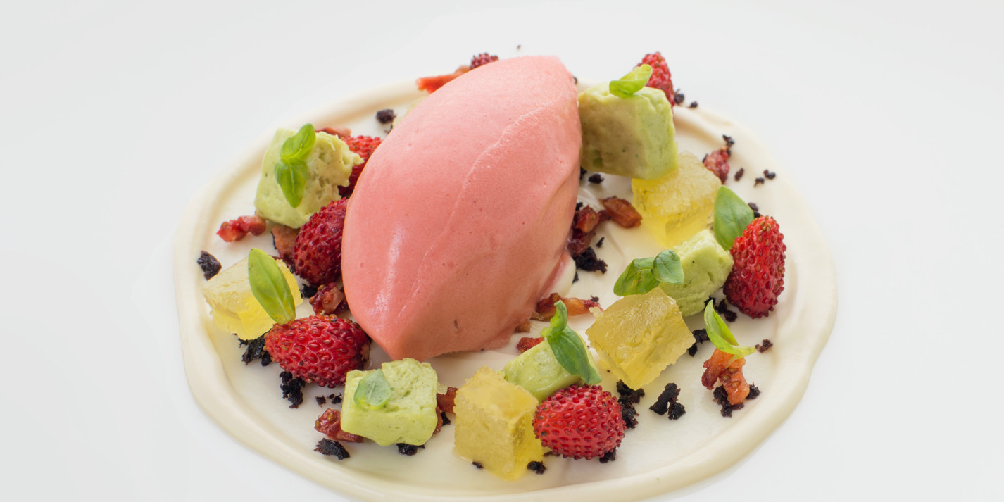 Strawberry sorbet with pistachio parfait and eucalyptus mousse-image