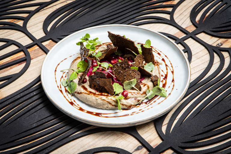 Aubergine and pomegranate mutabal, aubergine skin tuile