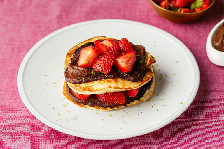 Ricotta pancakes with strawberry compote and homemade chocolate spread