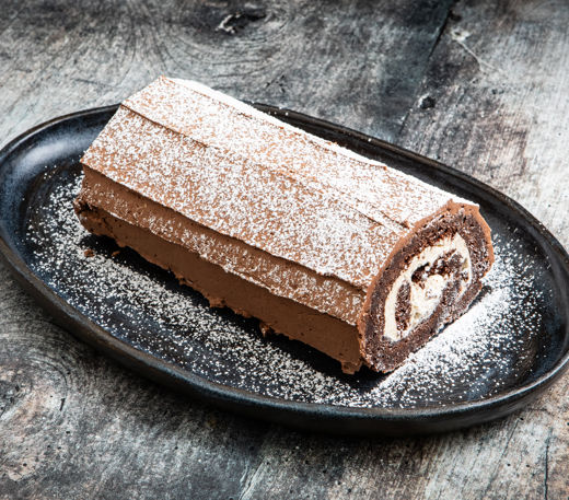 Chocolate Swiss roll with mascarpone swirl