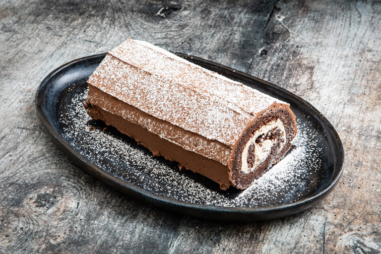 Chocolate Swiss roll with mascarpone swirl