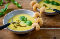 Sweetcorn soup with crispy tempura prawns