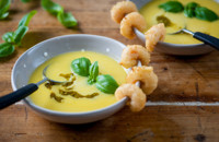 Sweetcorn soup with crispy tempura prawns