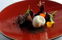 Chocolate parfait with beetroots, yoghurt ice cream, and chocolate soil