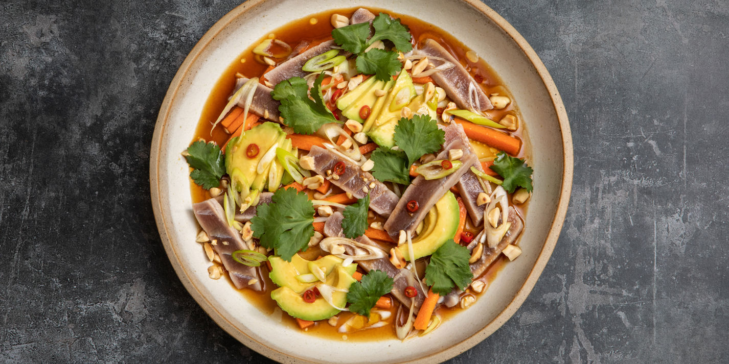 Seared Tuna with Coriander and Peanut Salad and Soy, Lime and Ginger