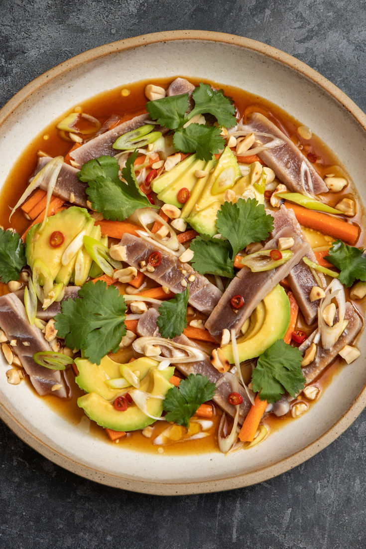 Seared Tuna with Coriander and Peanut Salad and Soy, Lime and Ginger