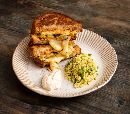 Grilled aubergine and sun-dried tomato grilled cheese with whipped feta dip