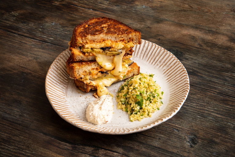 Grilled aubergine and sun-dried tomato grilled cheese with whipped feta dip