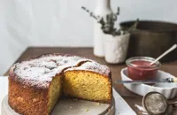Flourless lemon cake with rhubarb compote