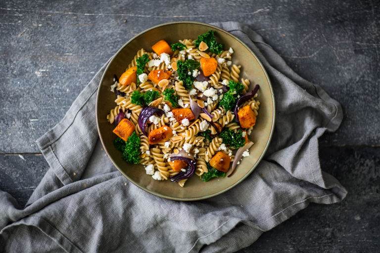 Fusilli Pasta Salad with Kale, Pumpkin and Toasted nuts