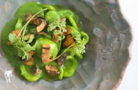 Orecchietta with watercress purée, bergamotto and mussels