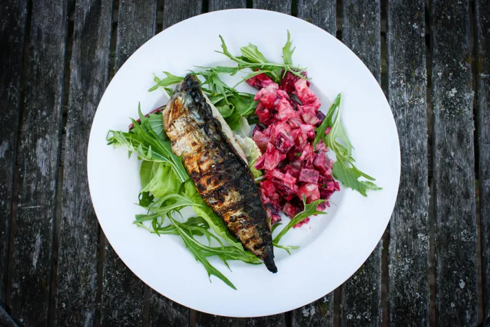 Grilled mackerel with beetroot and new potato salad