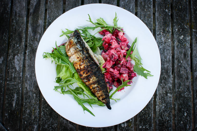 Grilled mackerel with beetroot and new potato salad