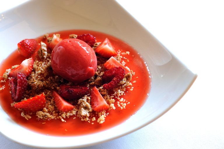 Strawberry sorbet with strawberry jelly, bergamot cream and white chocolate crumble