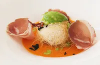 Burrata rolled in Kataifi pastry with unripe tomato sauce, Capocollo ham of Martina Franca and dehydrated olives