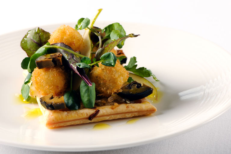 Chicory tart with walnut and pear salad and deep fried blue cheese