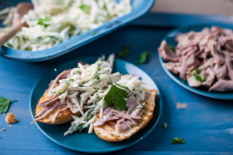 Leftover turkey with apple, celeriac and fennel slaw