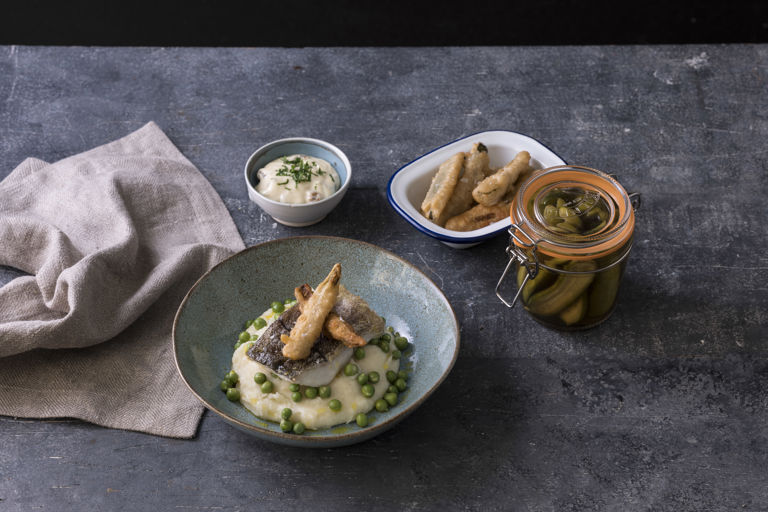 Haddock with salt and vinegar mash, frickles and walnut mayonnaise