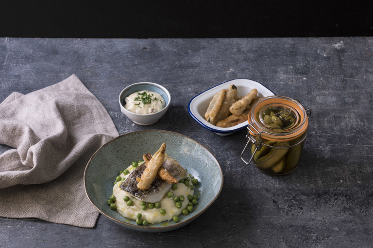 Haddock with salt and vinegar mash, frickles and walnut mayonnaise