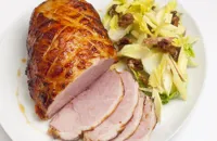 Gammon cooked in scrumpy cider with Waldorf salad and apple syrup