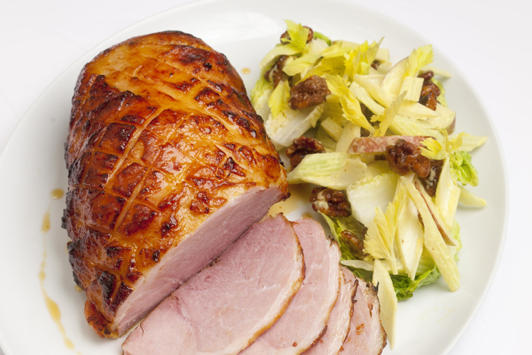 Gammon cooked in scrumpy cider with Waldorf salad and apple syrup