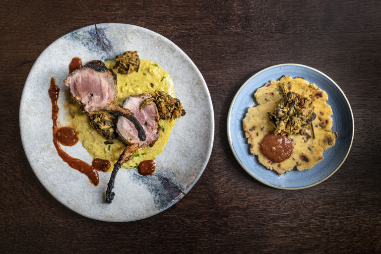 Rajasthani soola spiced rack of lamb with corn sauce, sangri and hot garlic chutney
