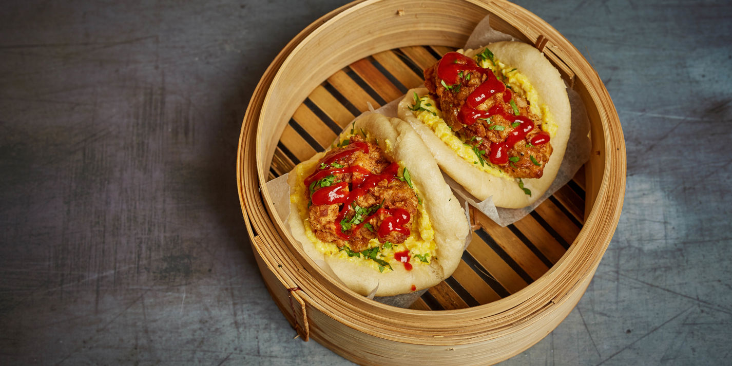 Southern-fried chicken bao with creamed corn and hot sauce-image
