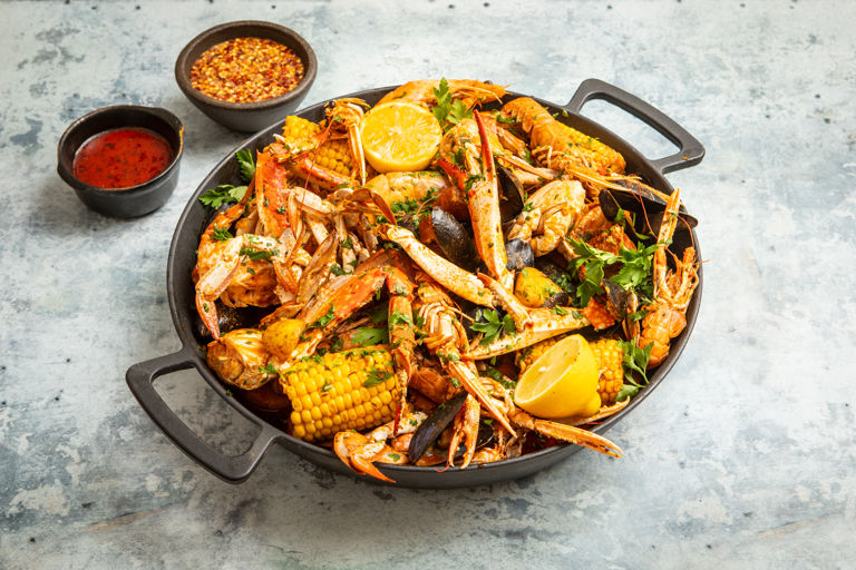 Louisiana seafood boil with whipped paprika-infused honey