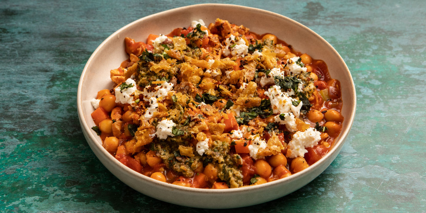 Chicken and Chickpea Stew With Green Olive Salsa, Ricotta and Crispy Chicken Skin Recipe - Great Bri