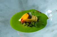 English peas with nasturtium ice cream and pea velouté