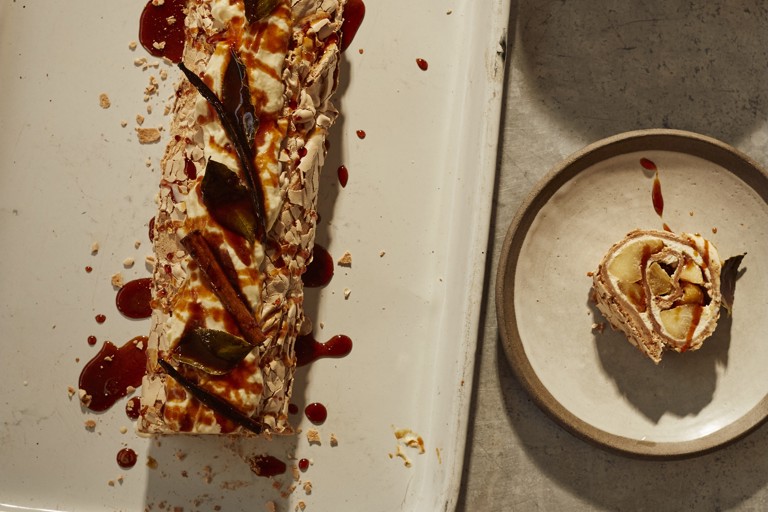 Brown sugar meringue roulade with burnt honey apples