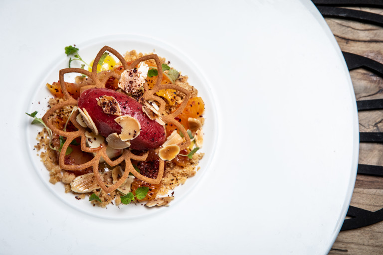 Labneh halawet el jibn, blood orange, almond and olive oil
