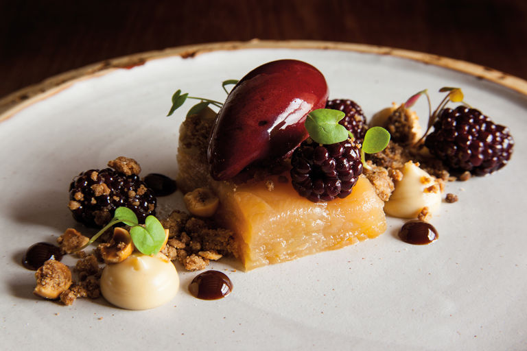 Hedgerow – pressed apple with elderberry sorbet and brambles